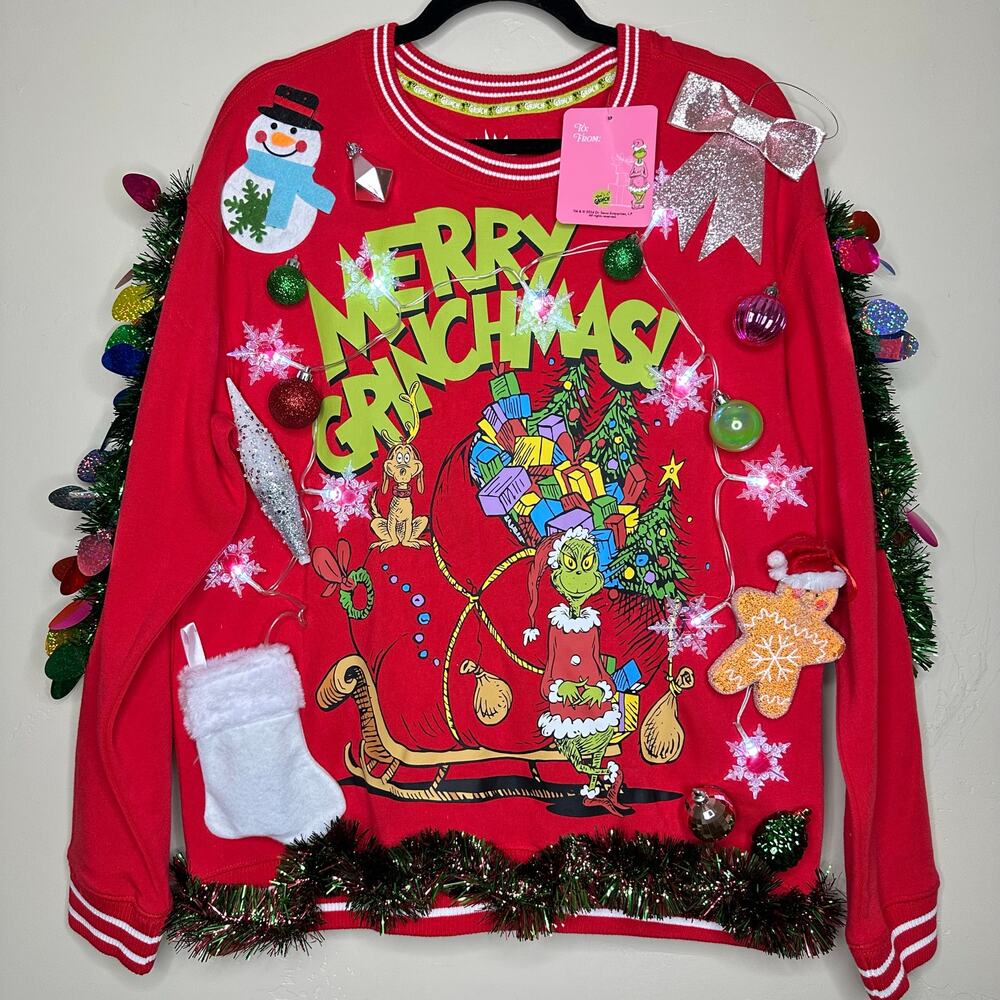 Ugly Christmas Sweater Grinch LIGHTS UP Tacky Tinsel Xmas Party Winner Sz Large